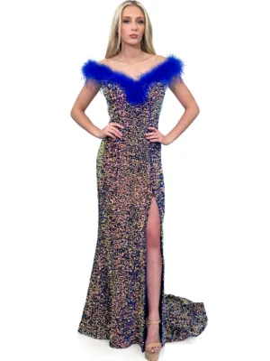 Marc Defang 8145 size 4 Velvet Sequin Dress Feather off the shoulder Slit Pageant Gown