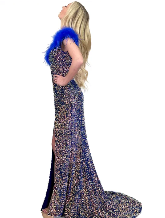 Marc Defang 8145 size 4 Velvet Sequin Dress Feather off the shoulder Slit Pageant Gown
