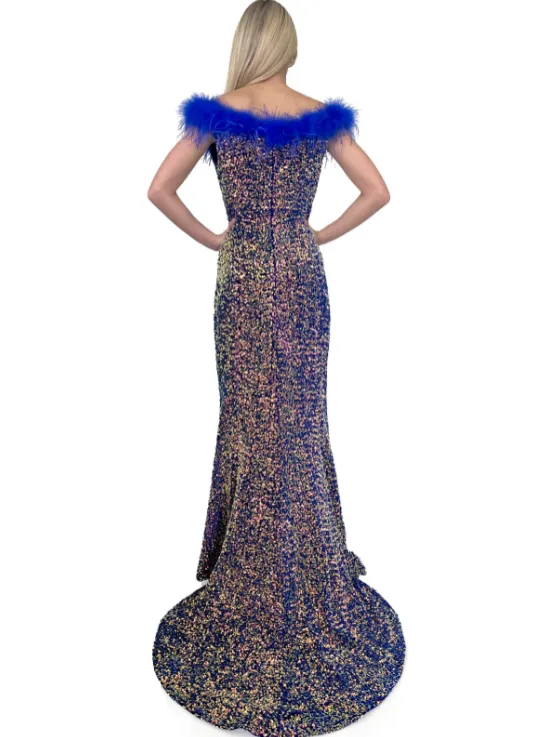 Marc Defang 8145 size 4 Velvet Sequin Dress Feather off the shoulder Slit Pageant Gown