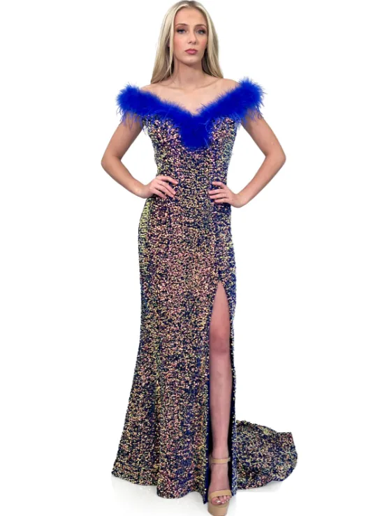 Marc Defang 8145 size 4 Velvet Sequin Dress Feather off the shoulder Slit Pageant Gown