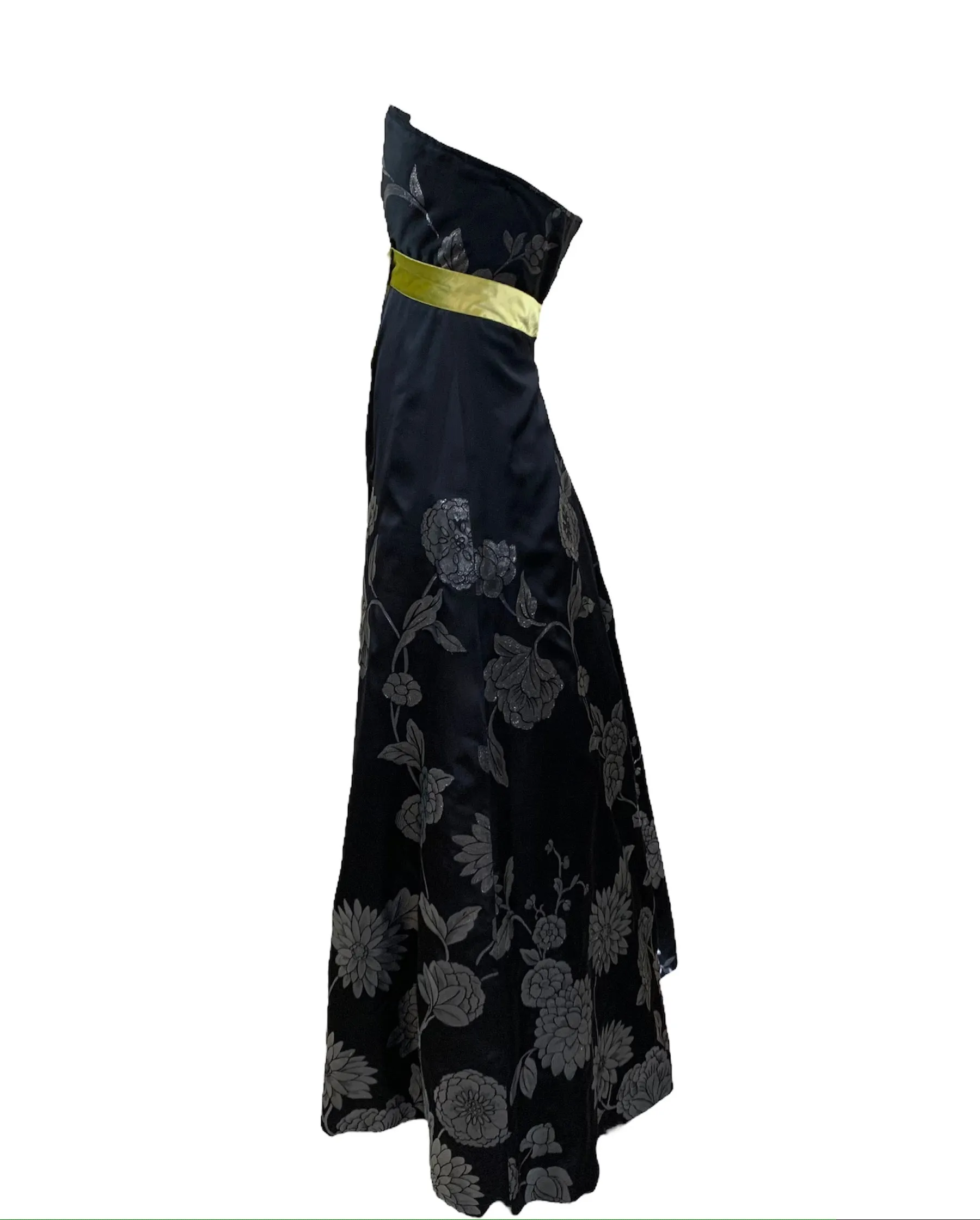 Martin Grant Black Strapless Gown with Chartreuse Sash
