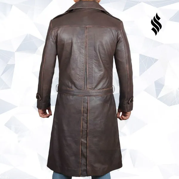 Mens Rorschach Distressed Brown Travelling Winter Long Leather Trench Coat