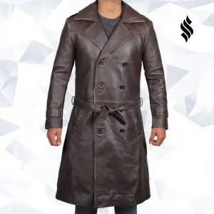 Mens Rorschach Distressed Brown Travelling Winter Long Leather Trench Coat