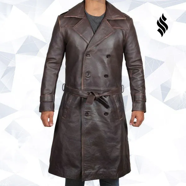 Mens Rorschach Distressed Brown Travelling Winter Long Leather Trench Coat