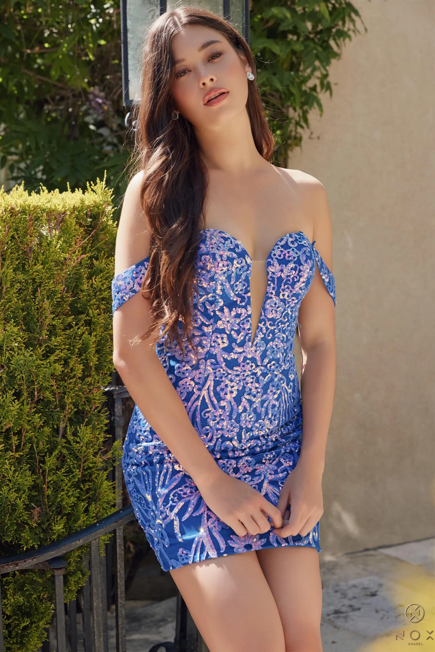 Nox Anabel E911 Size 4 Royal Short Sequin off the shoulder Homecoming Dress Cocktail Gown