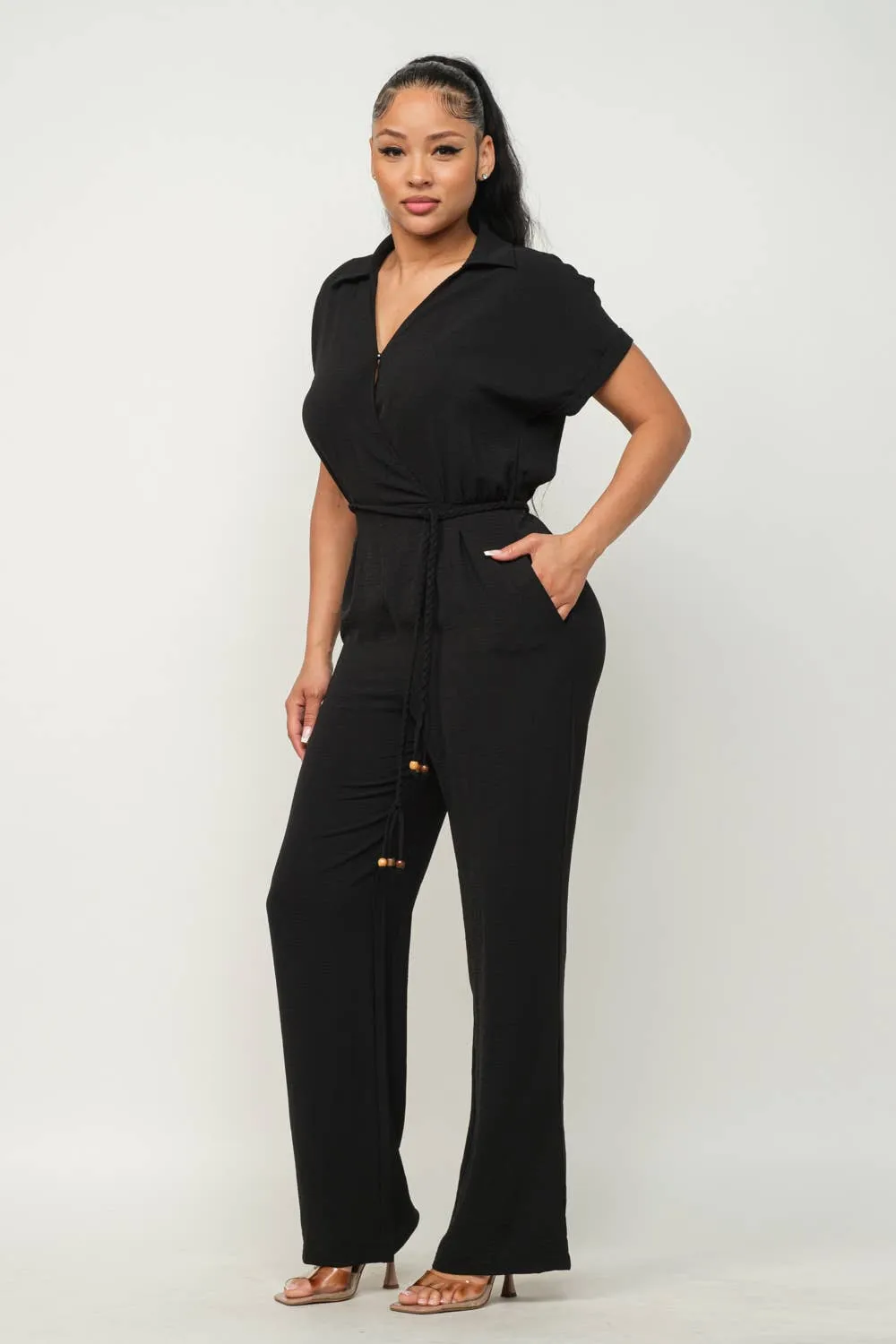 Open Front Inside Button Top Waist Tie Jumpsuit