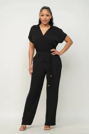 Open Front Inside Button Top Waist Tie Jumpsuit
