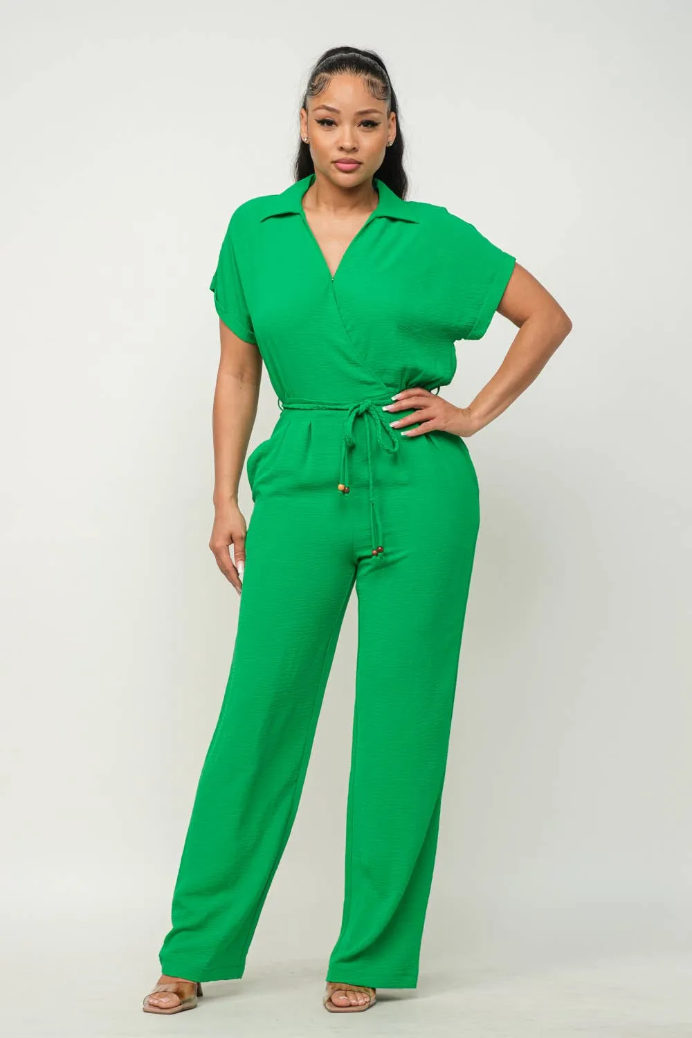 Open Front Inside Button Top Waist Tie Jumpsuit