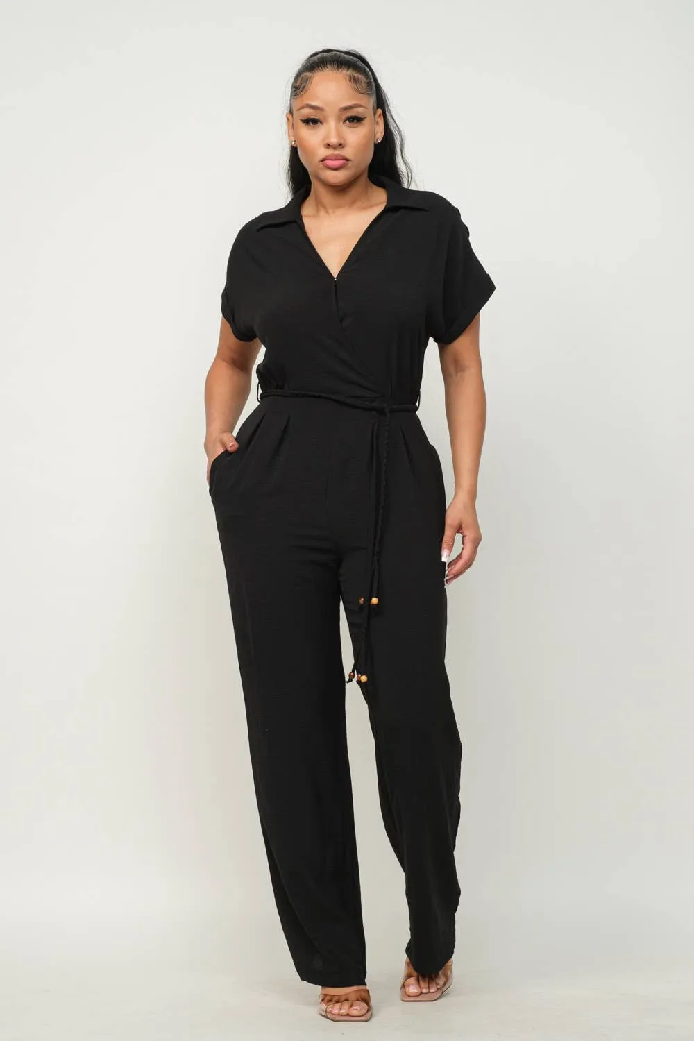 Open Front Inside Button Top Waist Tie Jumpsuit