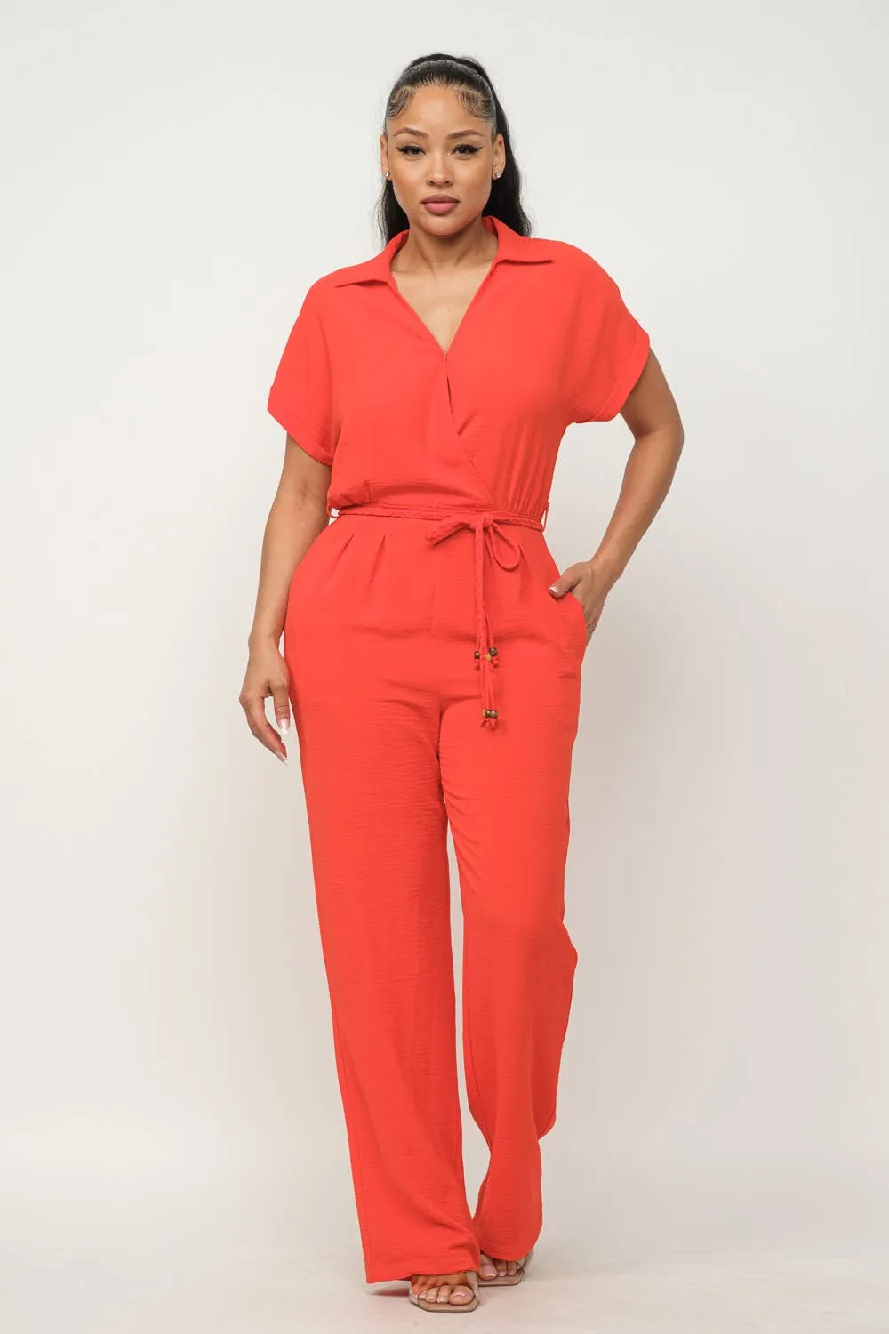 Open Front Inside Button Top Waist Tie Jumpsuit