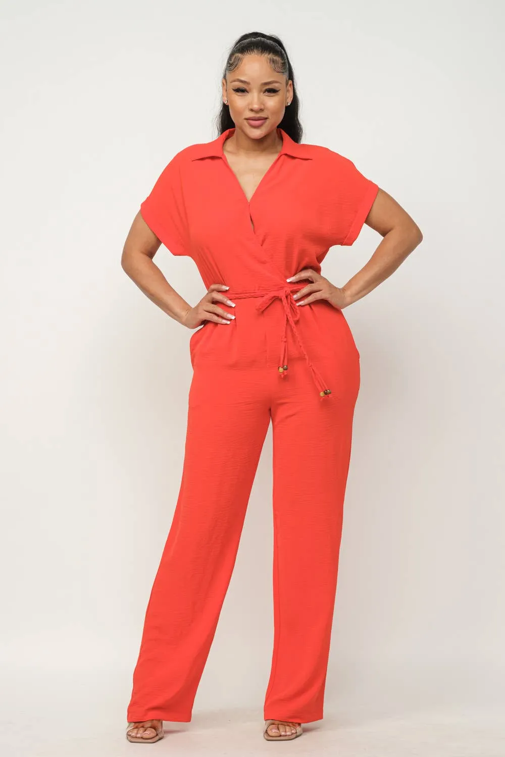 Open Front Inside Button Top Waist Tie Jumpsuit