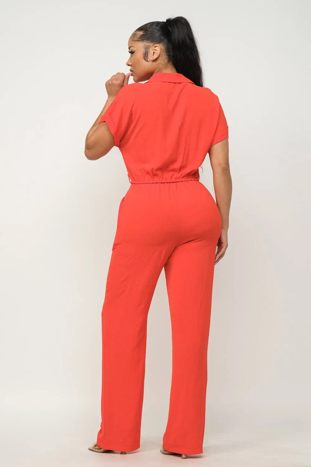 Open Front Inside Button Top Waist Tie Jumpsuit