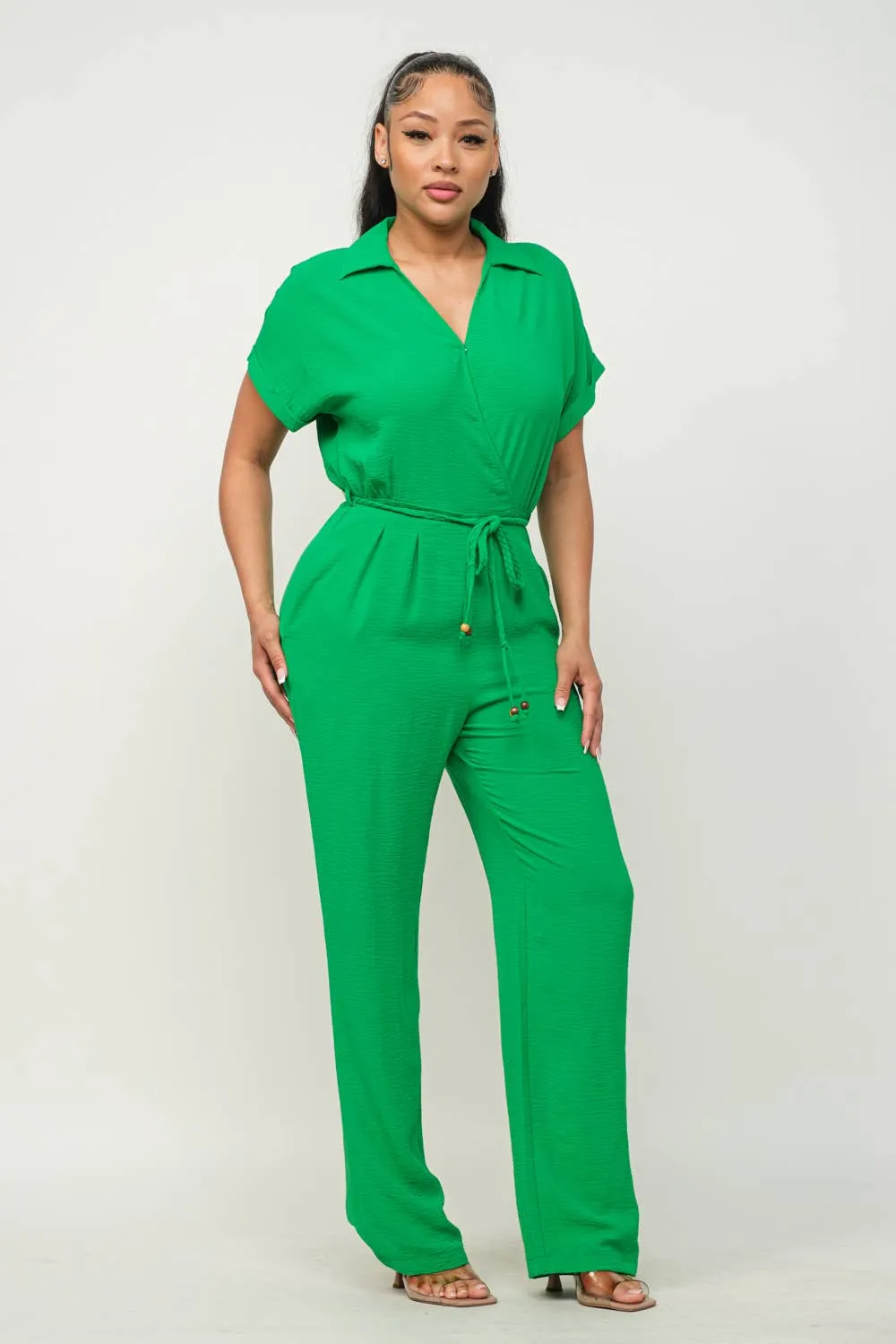 Open Front Inside Button Top Waist Tie Jumpsuit
