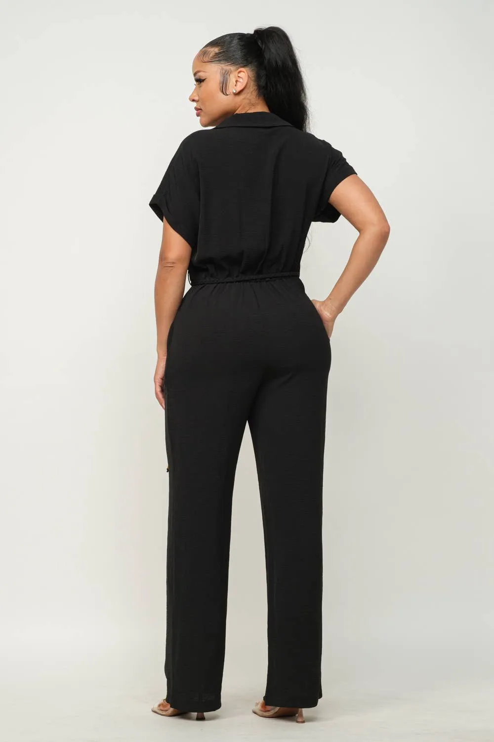 Open Front Inside Button Top Waist Tie Jumpsuit