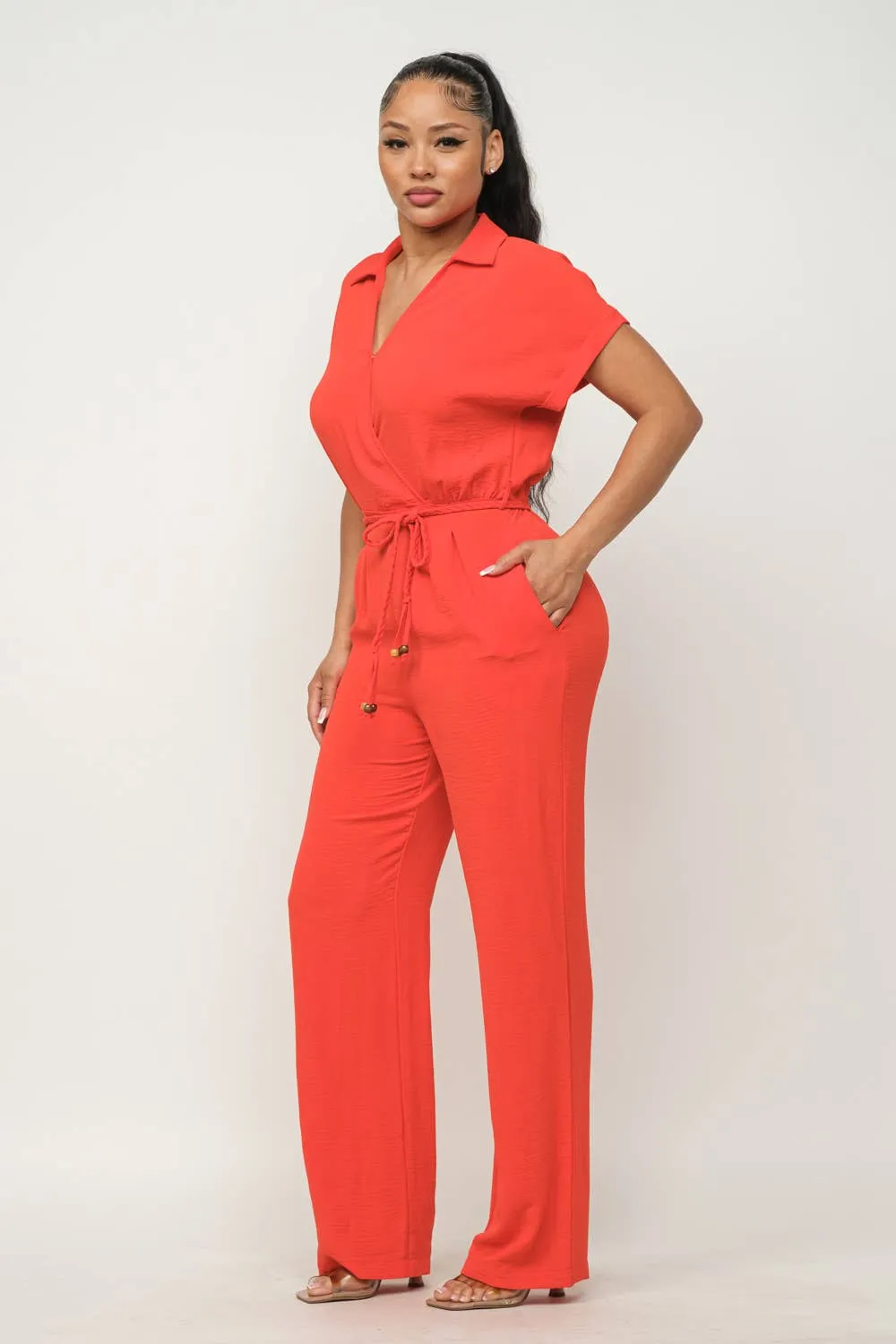 Open Front Inside Button Top Waist Tie Jumpsuit