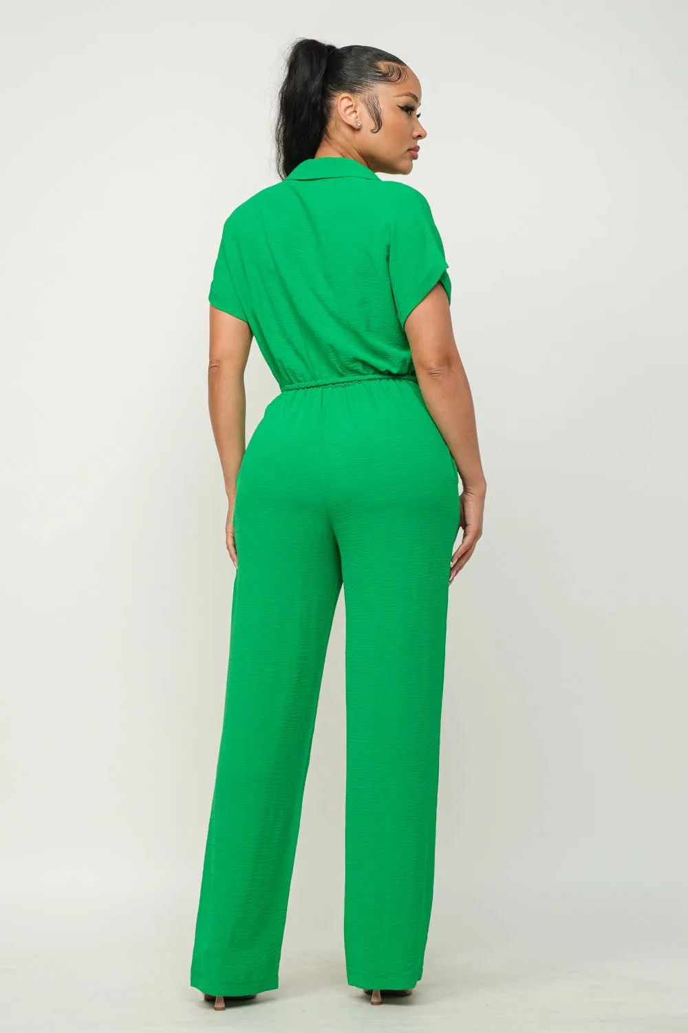 Open Front Inside Button Top Waist Tie Jumpsuit