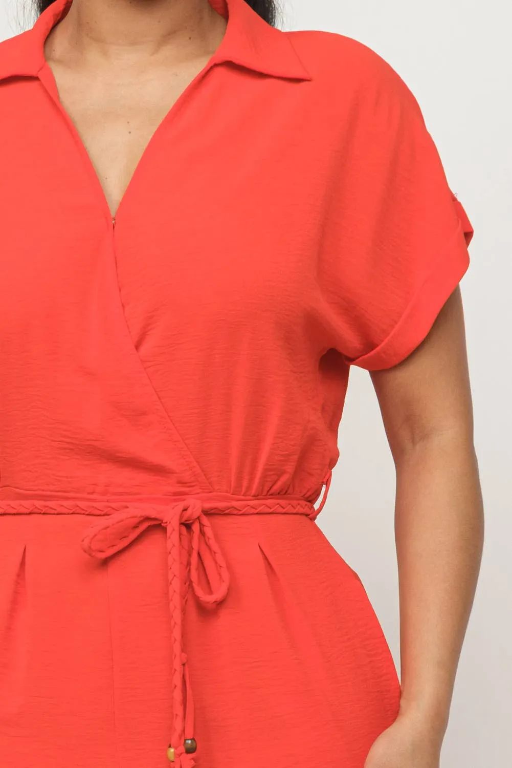 Open Front Inside Button Top Waist Tie Jumpsuit
