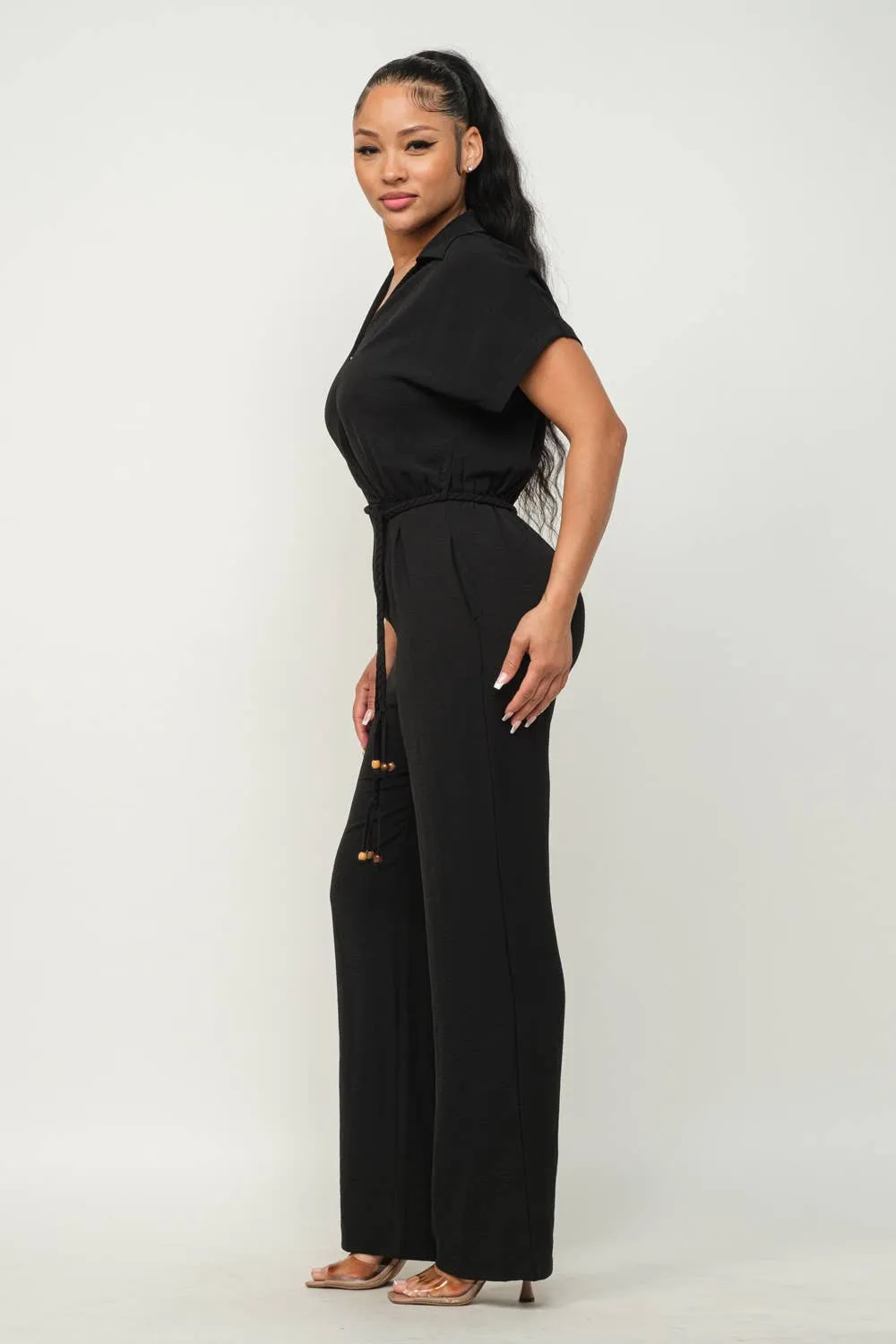 Open Front Inside Button Top Waist Tie Jumpsuit
