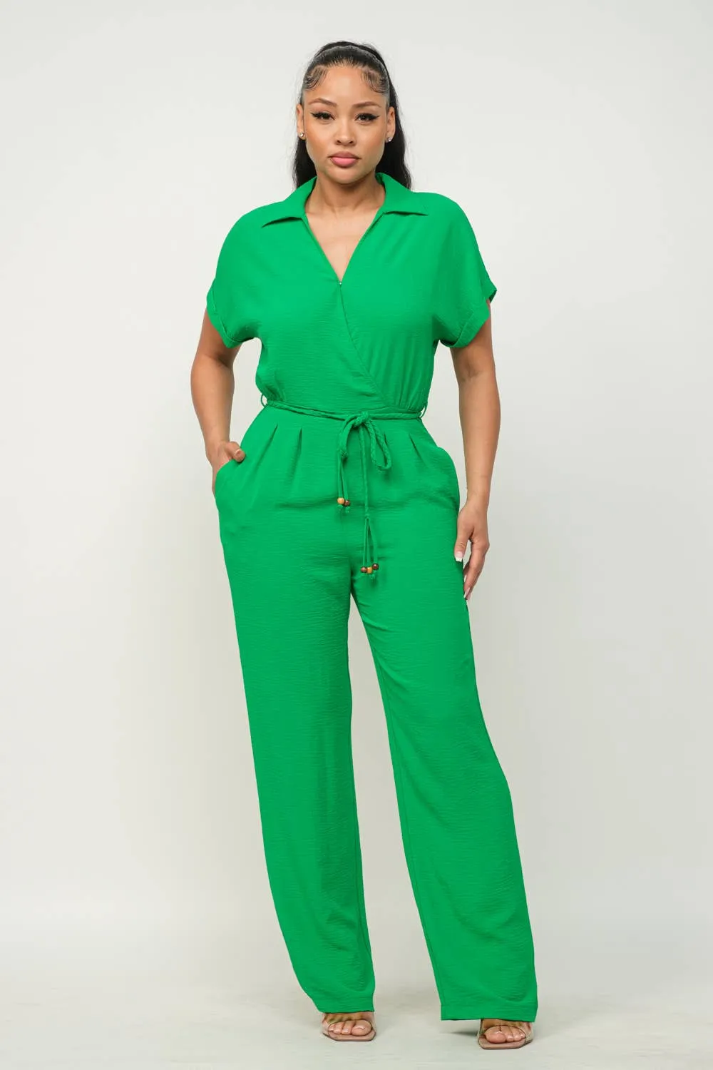 Open Front Inside Button Top Waist Tie Jumpsuit