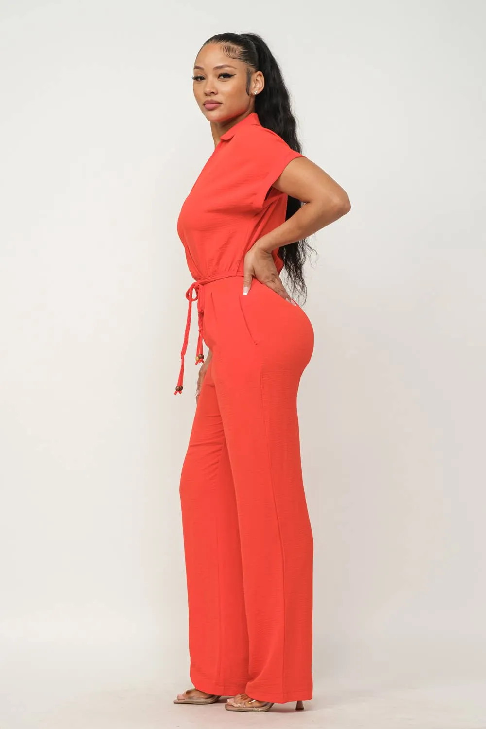 Open Front Inside Button Top Waist Tie Jumpsuit