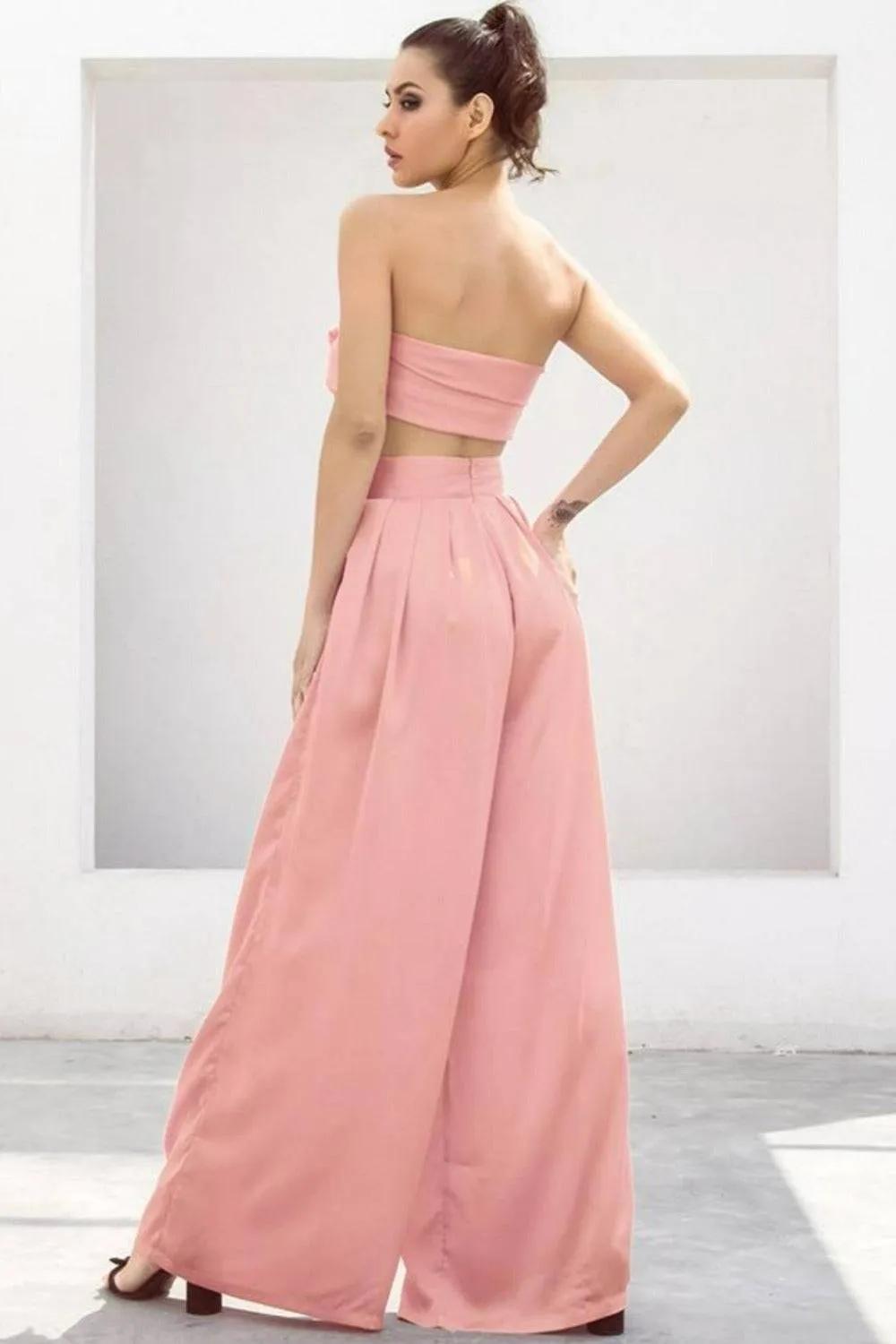 Pale Pink Strapless Tie Front High Waist Wide Leg Jumpsuit Pants Set