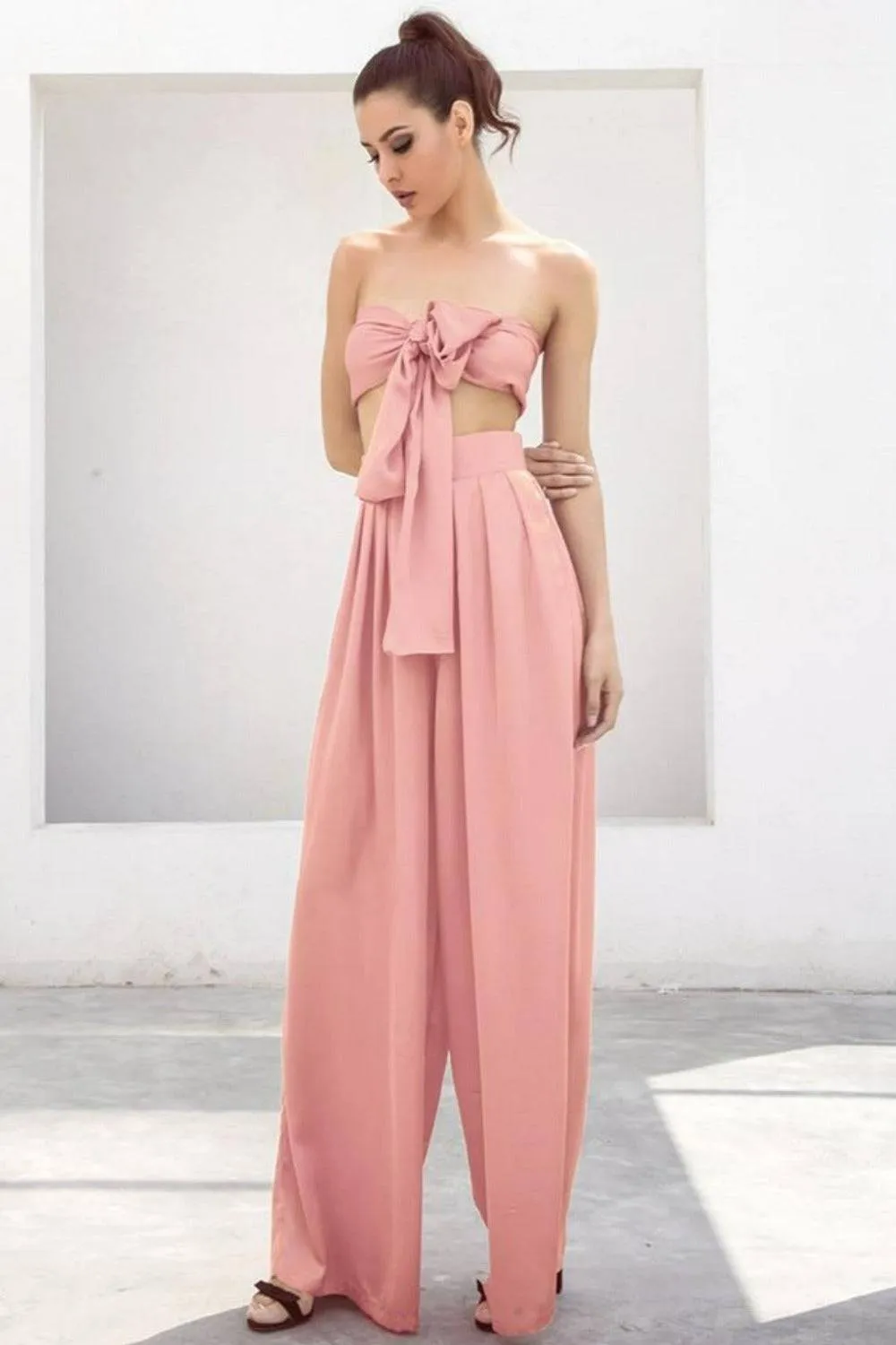 Pale Pink Strapless Tie Front High Waist Wide Leg Jumpsuit Pants Set