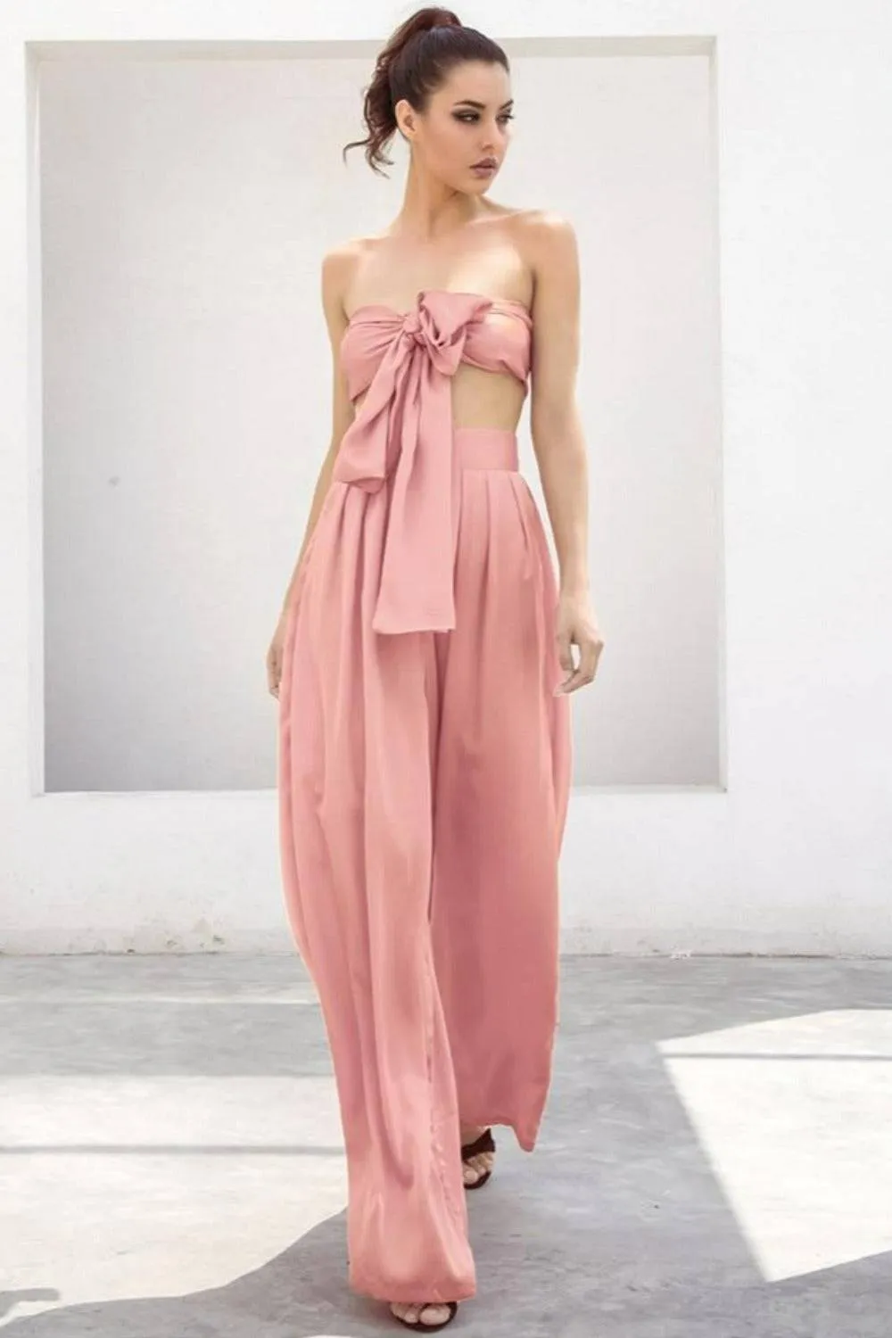 Pale Pink Strapless Tie Front High Waist Wide Leg Jumpsuit Pants Set