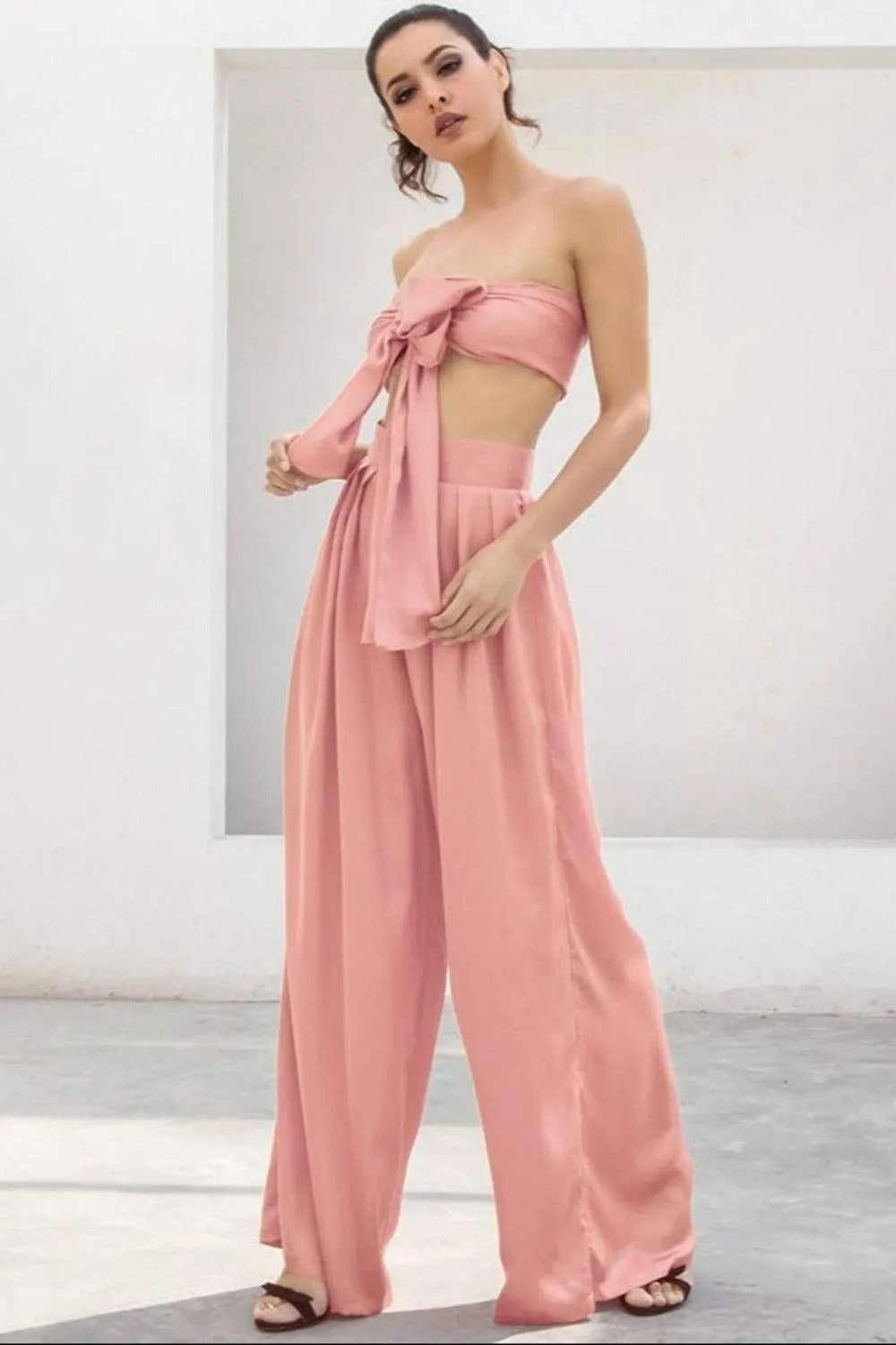 Pale Pink Strapless Tie Front High Waist Wide Leg Jumpsuit Pants Set