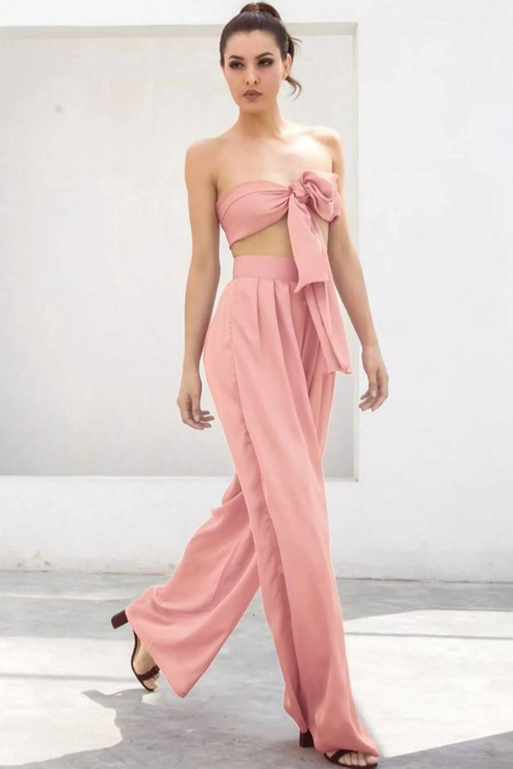 Pale Pink Strapless Tie Front High Waist Wide Leg Jumpsuit Pants Set