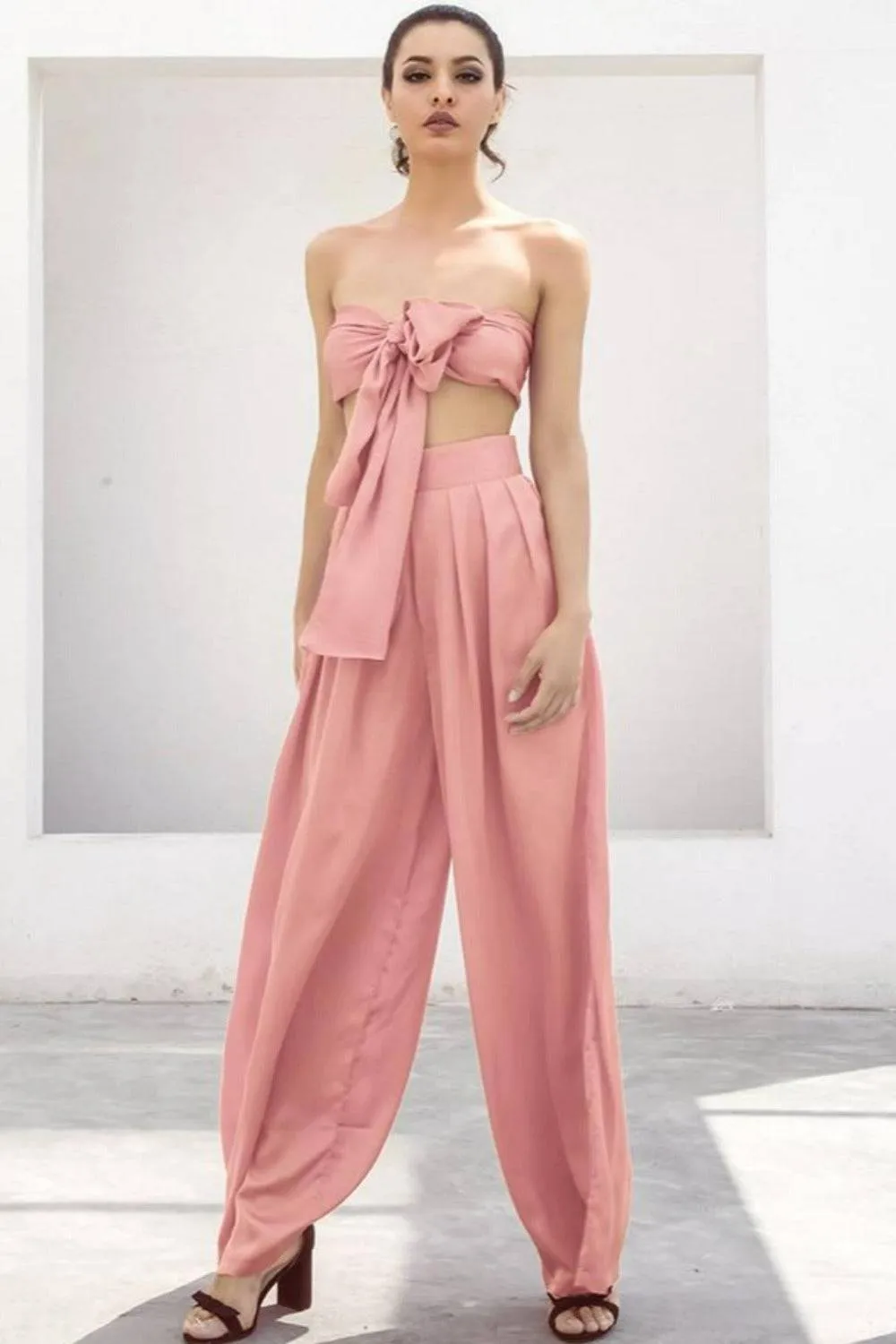 Pale Pink Strapless Tie Front High Waist Wide Leg Jumpsuit Pants Set