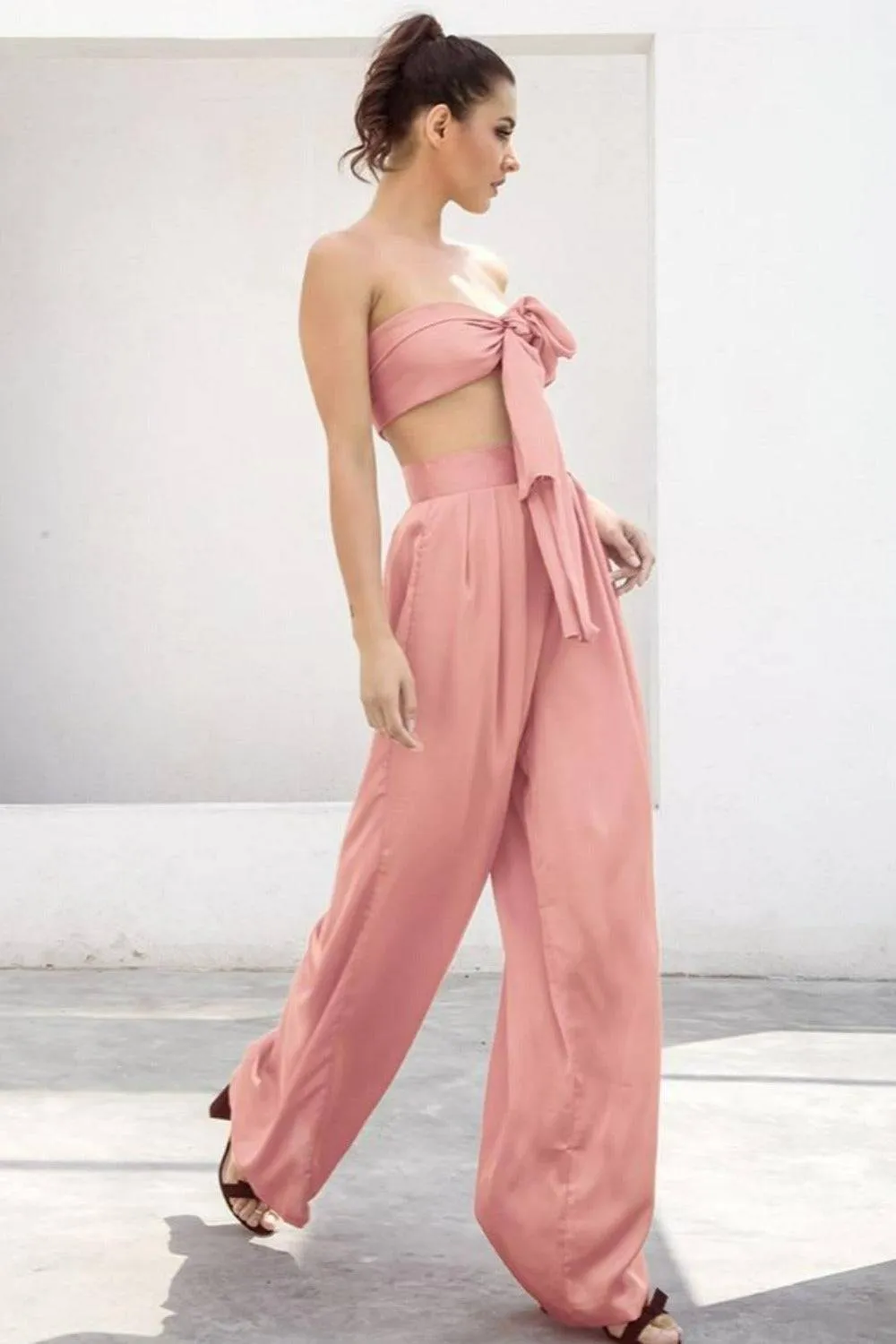 Pale Pink Strapless Tie Front High Waist Wide Leg Jumpsuit Pants Set
