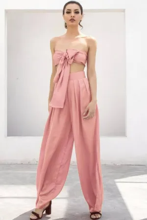 Pale Pink Strapless Tie Front High Waist Wide Leg Jumpsuit Pants Set