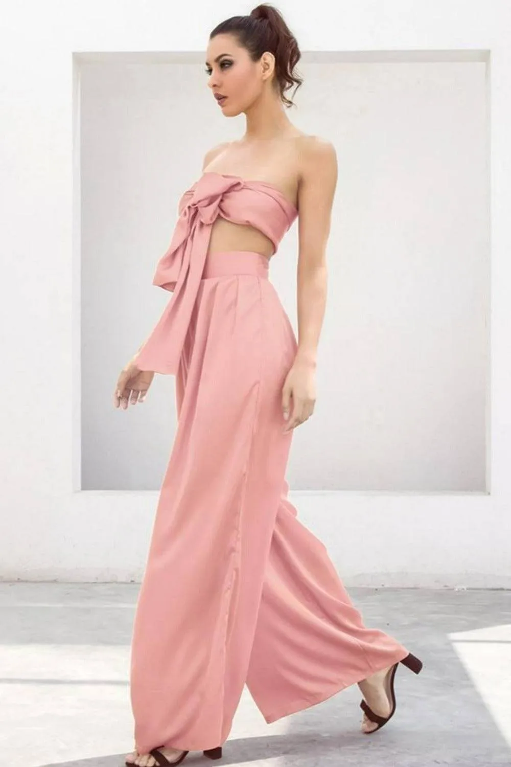 Pale Pink Strapless Tie Front High Waist Wide Leg Jumpsuit Pants Set