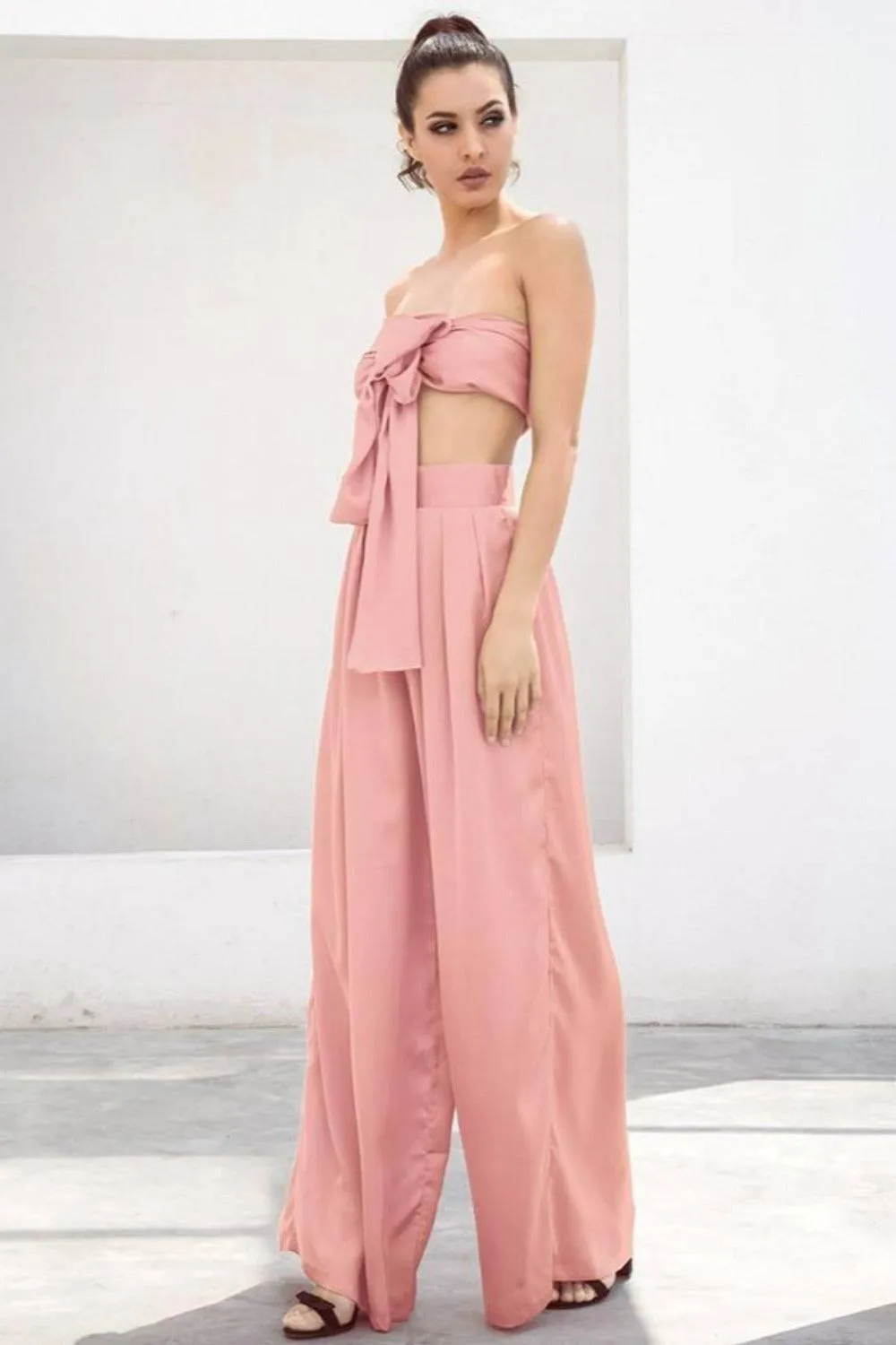 Pale Pink Strapless Tie Front High Waist Wide Leg Jumpsuit Pants Set