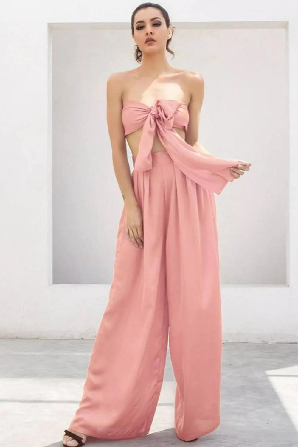 Pale Pink Strapless Tie Front High Waist Wide Leg Jumpsuit Pants Set