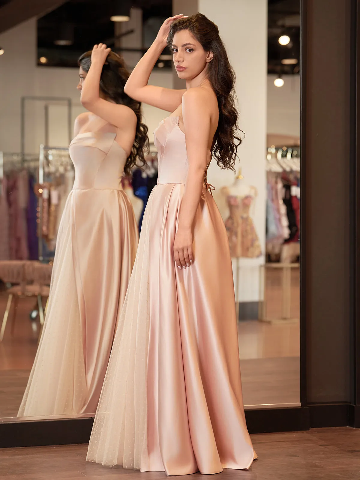 Pink Satin A-Line Floor-Length Strapless Evening Gown Slit With Tulle