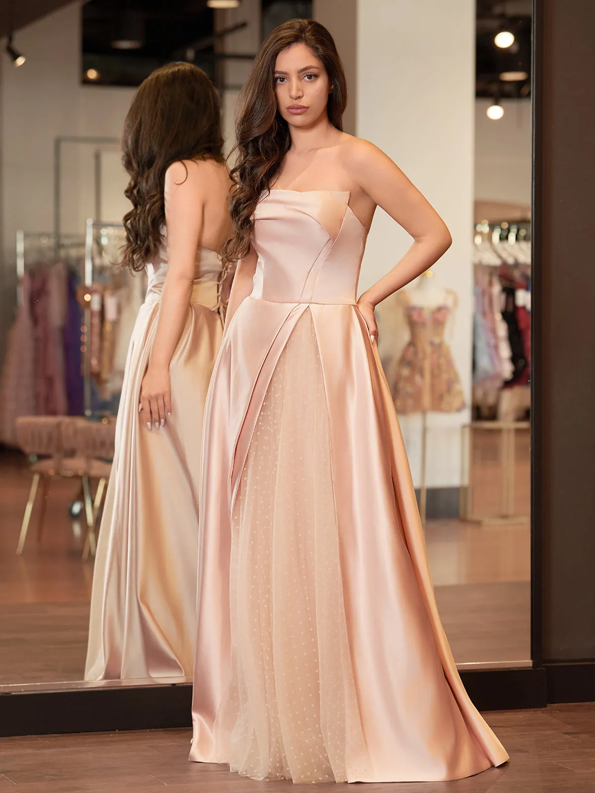 Pink Satin A-Line Floor-Length Strapless Evening Gown Slit With Tulle