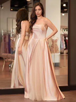 Pink Satin A-Line Floor-Length Strapless Evening Gown Slit With Tulle