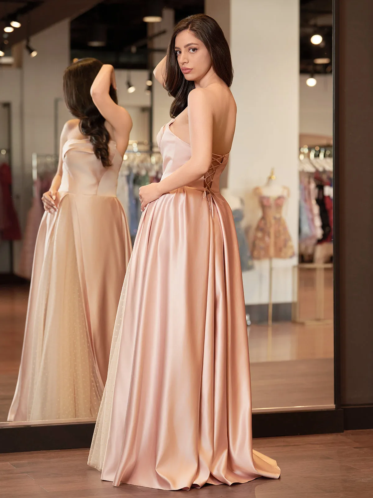 Pink Satin A-Line Floor-Length Strapless Evening Gown Slit With Tulle