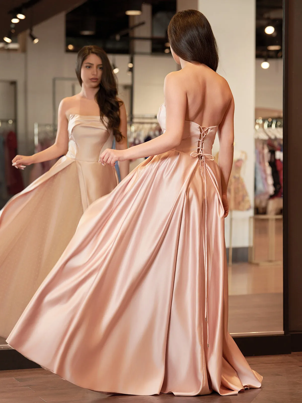 Pink Satin A-Line Floor-Length Strapless Evening Gown Slit With Tulle