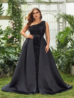Plus One Shoulder Satin Overlay Sequin Mermaid Dresses