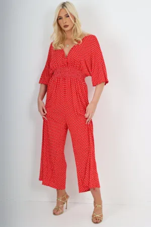 Polka Dot Shirred Waist V Neck Jumpsuit