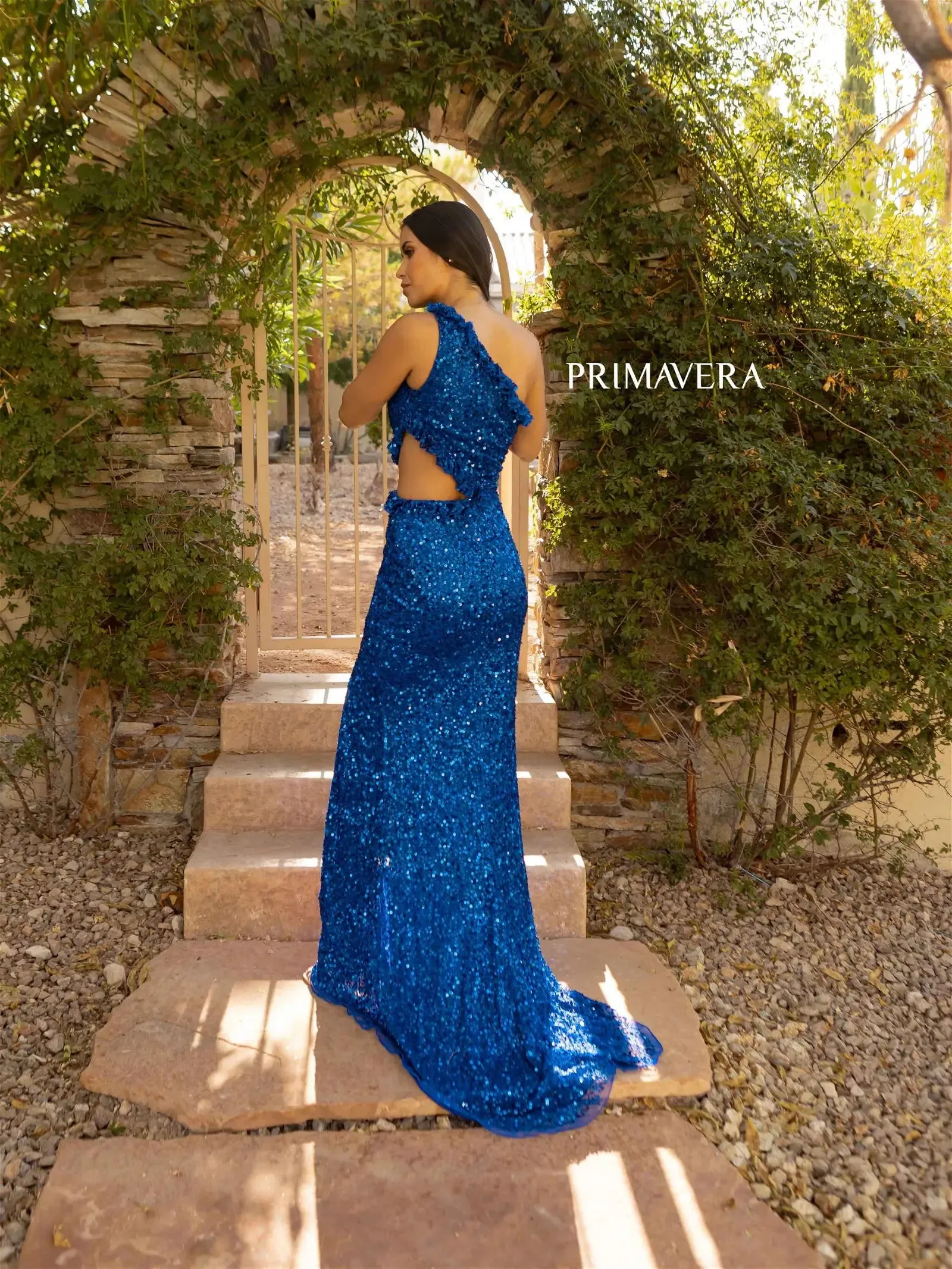 Primavera Couture 3798 Prom Dress Long Beaded Gown Cutout One Shoulder Prom Dress Ruffle Slit
