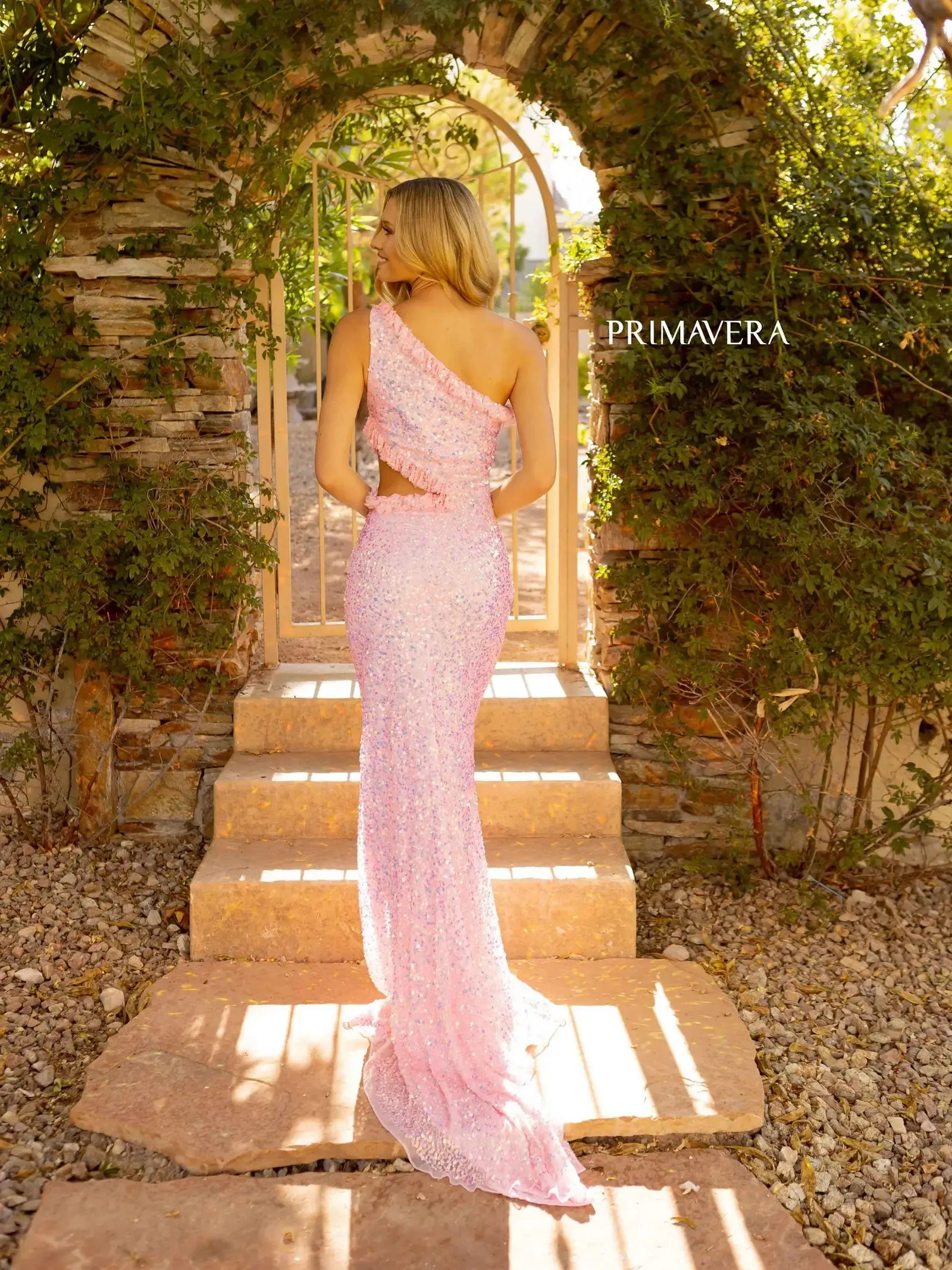 Primavera Couture 3798 Prom Dress Long Beaded Gown Cutout One Shoulder Prom Dress Ruffle Slit