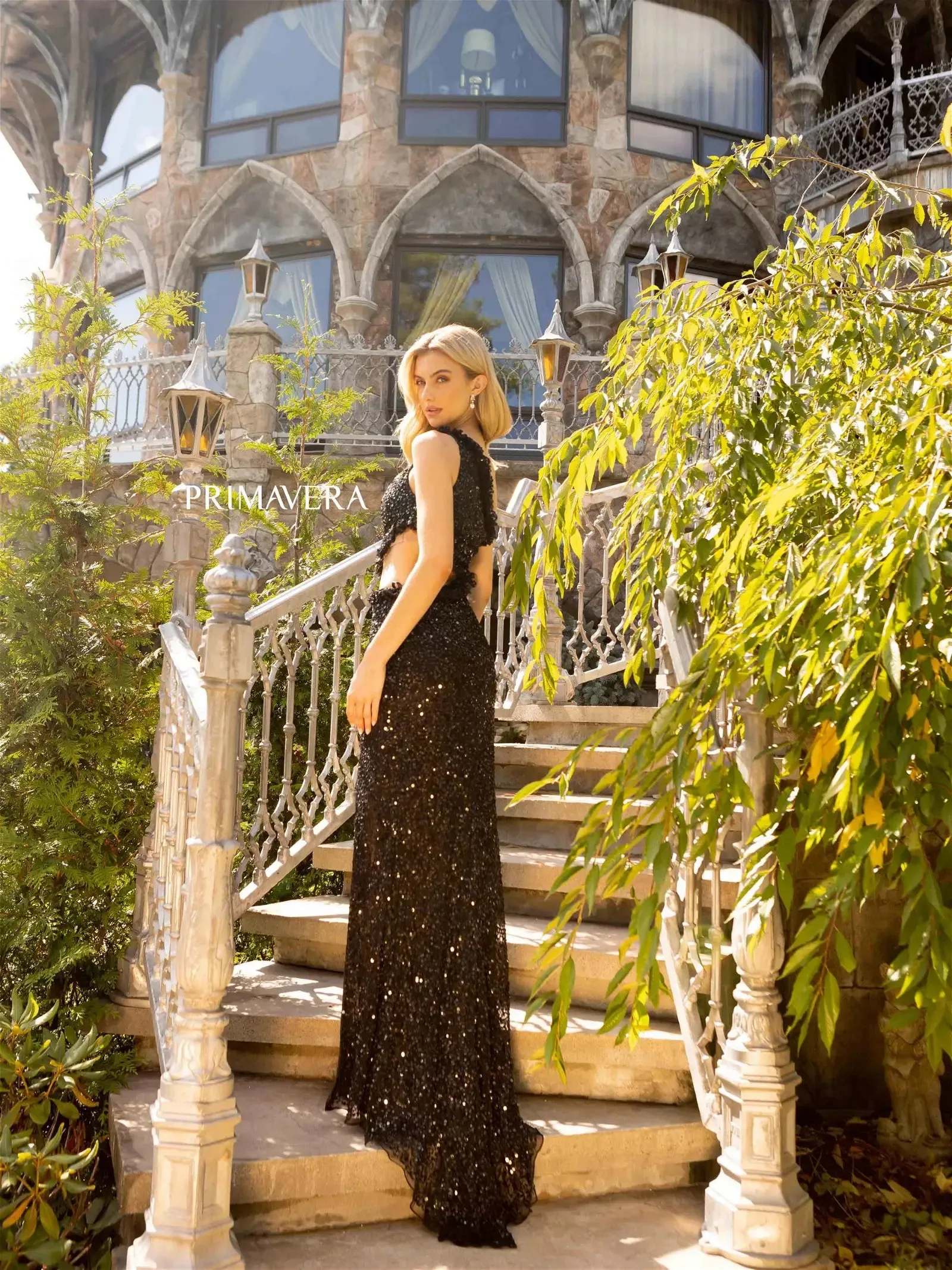 Primavera Couture 3798 Prom Dress Long Beaded Gown Cutout One Shoulder Prom Dress Ruffle Slit