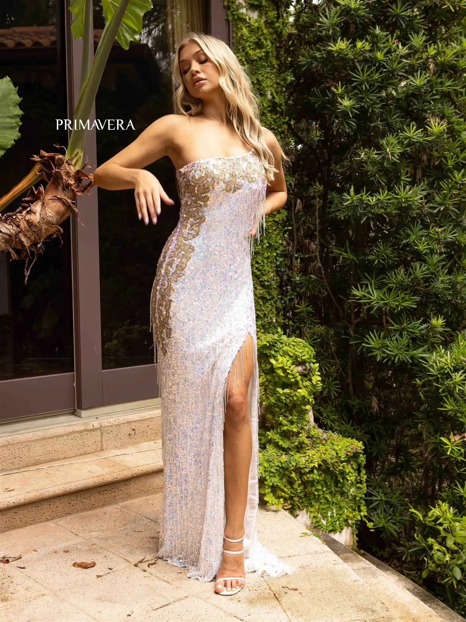 Primavera Couture 3906 Long Fitted Beaded Fringe Sequin Prom Dress One Shoulder Slit Formal Gown