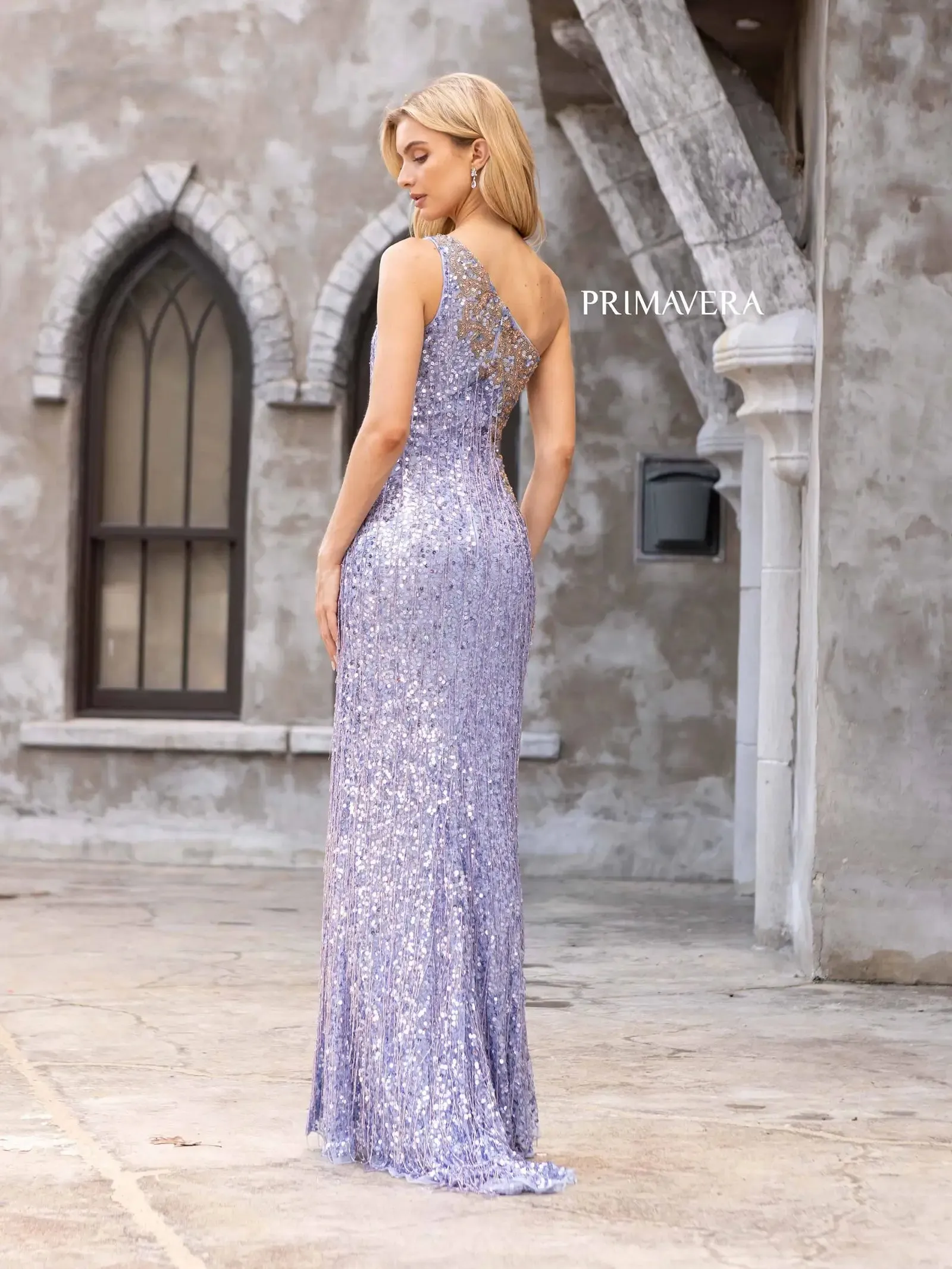 Primavera Couture 3906 Long Fitted Beaded Fringe Sequin Prom Dress One Shoulder Slit Formal Gown