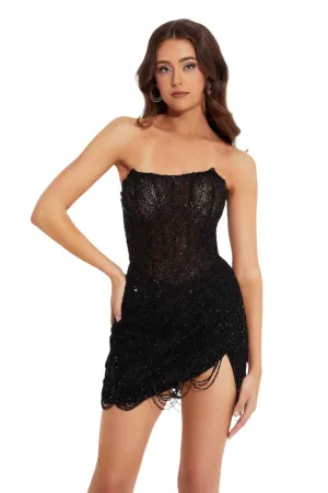 Primavera Couture 4213 Short Beaded Tassel Homecoming Dress Slit Cocktail Gown Strapless
