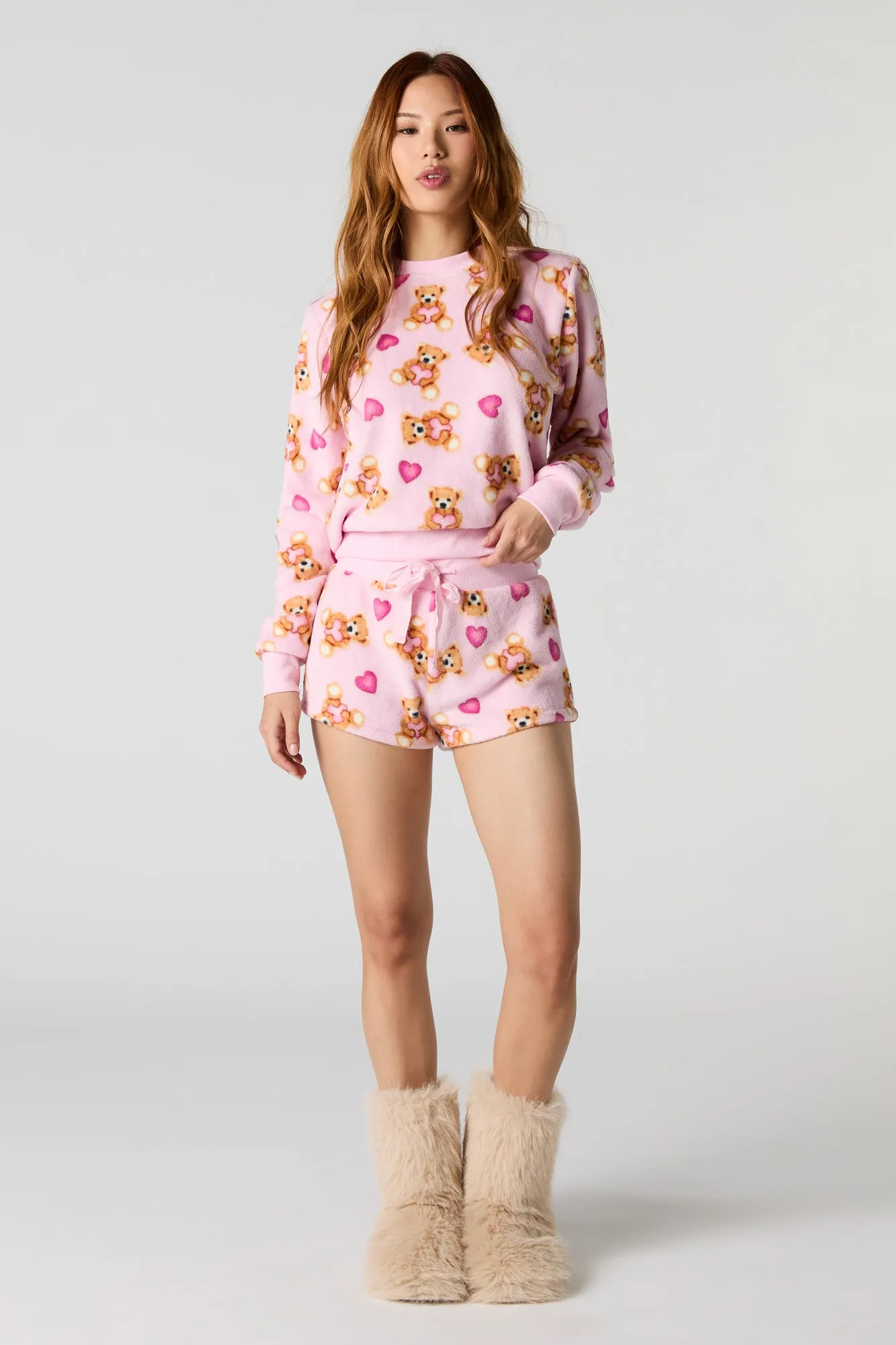 Printed Plush Long Sleeve Top & Short 2 Piece Pajama Set