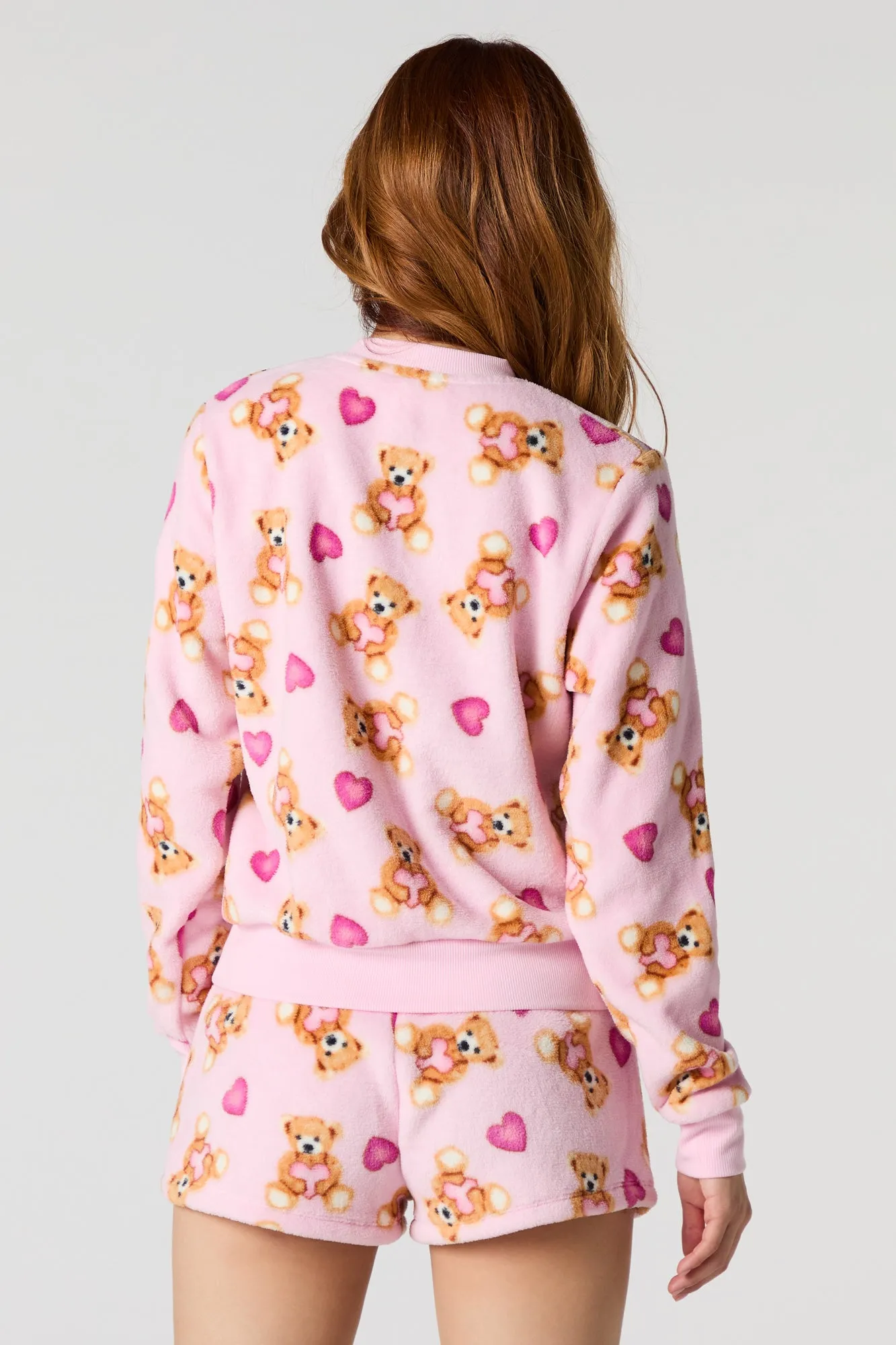 Printed Plush Long Sleeve Top & Short 2 Piece Pajama Set
